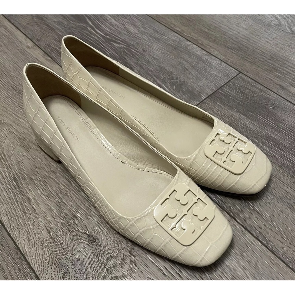 $348 Tory Burch Georgia Ivory Croc Embossed Square Toe 25mm Block Heel Pumps 9M - Picture 8 of 15
